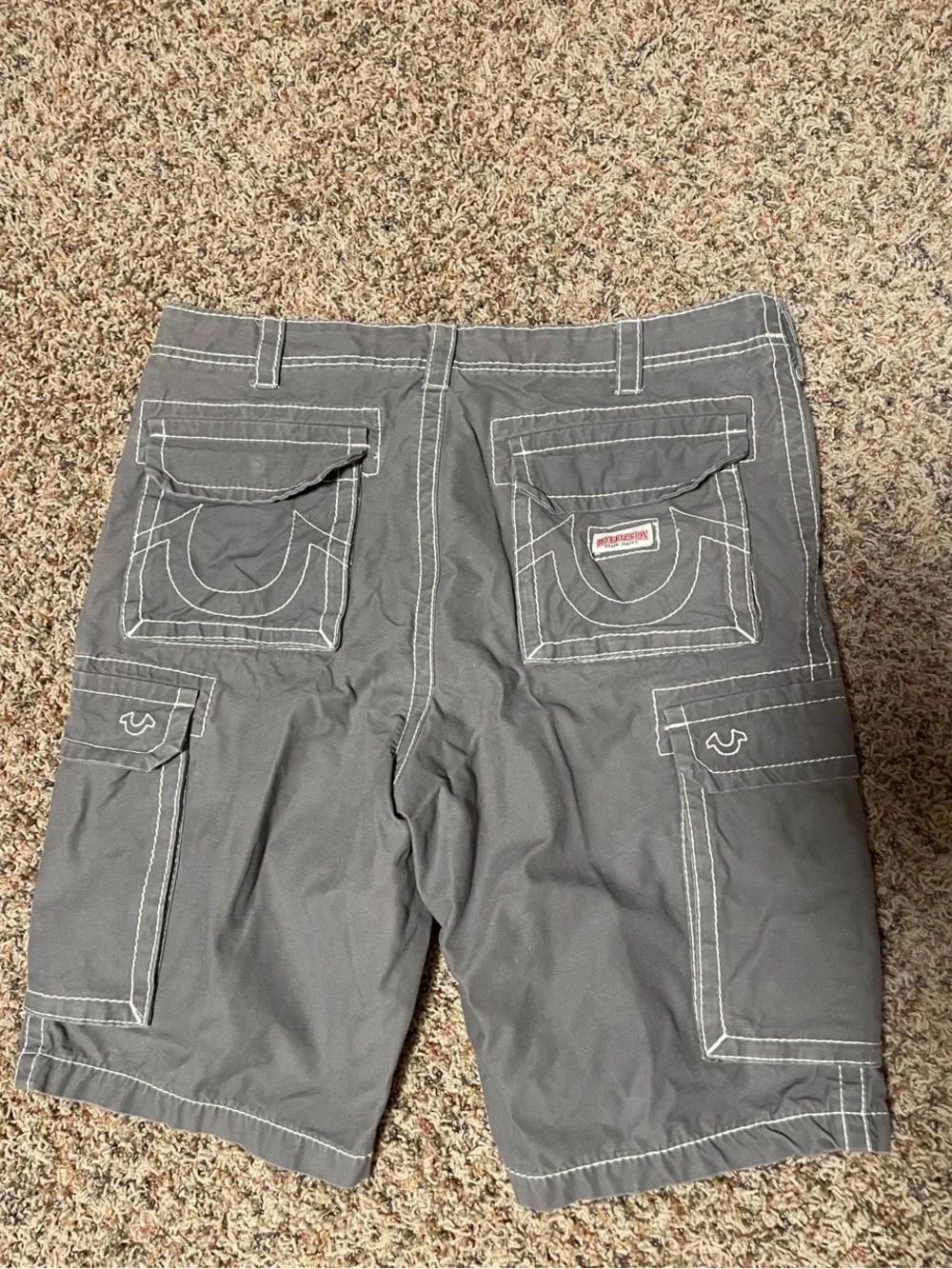 True Religion Men's Gray Cargo Shorts with White Contrast Stitching